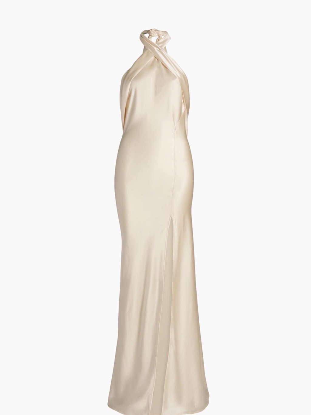 Nonchalant Champagne Satin Halter Gown With Twist Neck